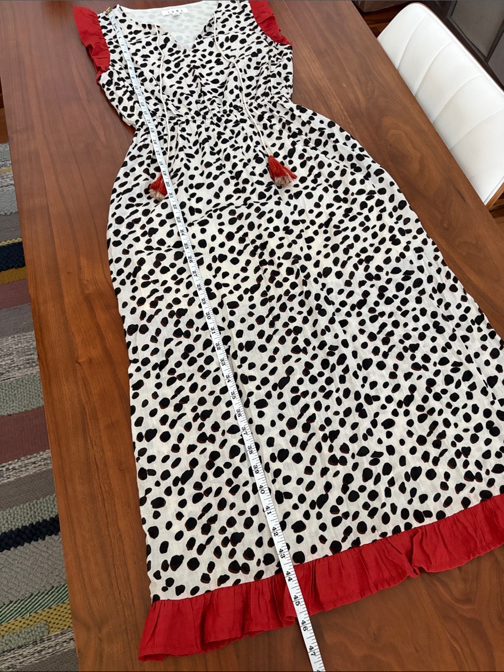 THML Boutique Dalmatian Print Midi Dress with Red Ruffle Trim Tassel Tie Size XS - Picture 7 of 9